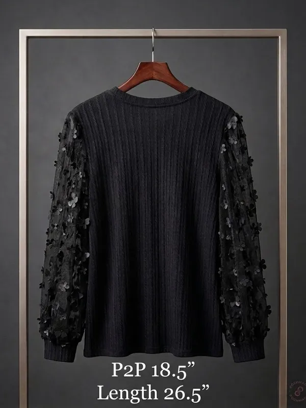 Black Knit Top with Floral Mesh Sleeves - Image 2