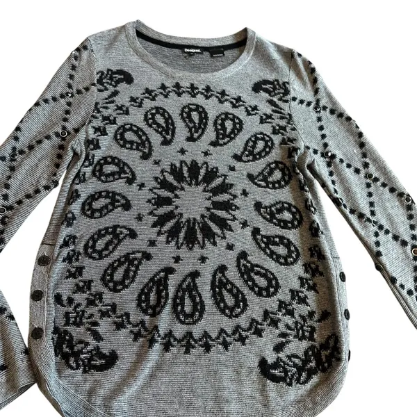 Desigual Grey Pullover Sweater Bohemian Print Stud Stretch Wool Blend Sz Medium - Image 4