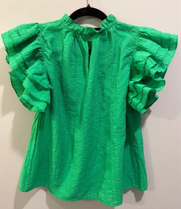 THML Ruffle Sleeve Ruffle Collar Textured Blouse Green - Image 2