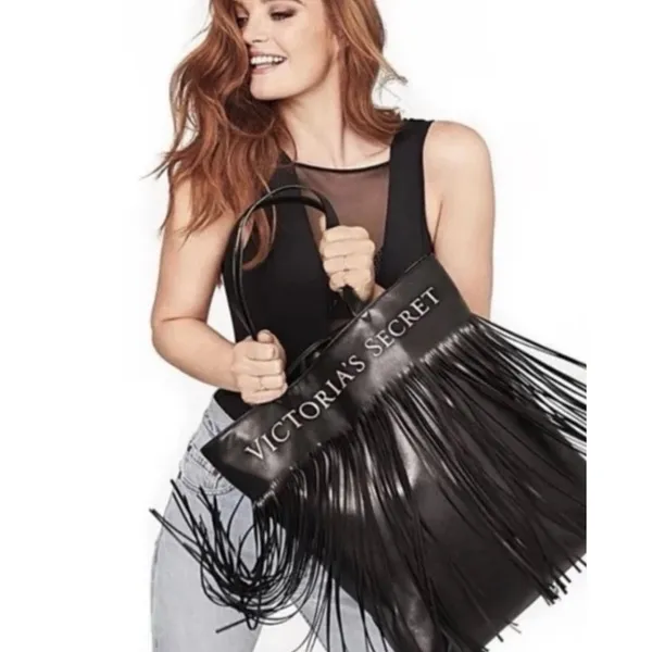 Victorias Secret Limited Edition Flirty Fringe Tote Bag Black Faux Leather Goth - Image 2