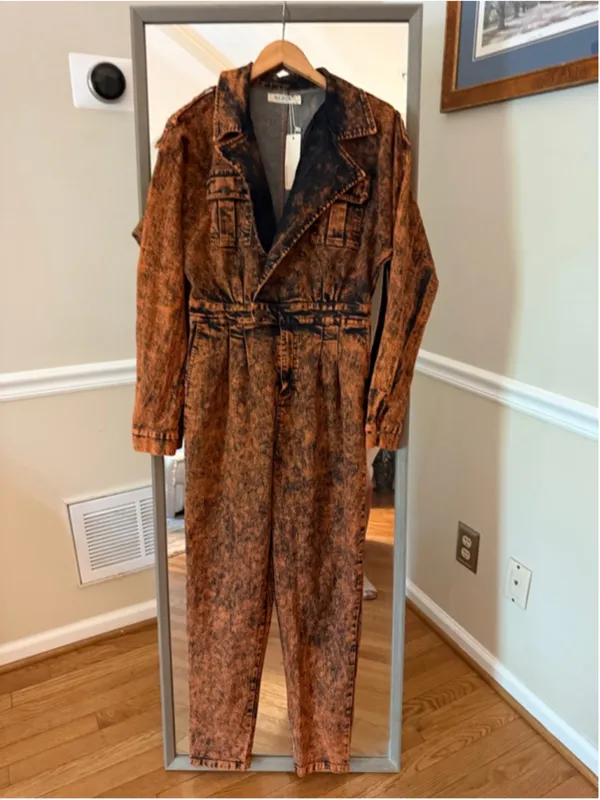 MEBON Black Orange Acid Wash Denim Jumpsuit Large - Image 2