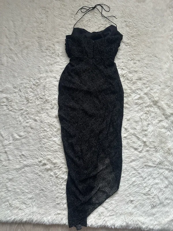 Significant Other Dress Halter Midi Cut Outs Ruffle Velvet Polka Dot Black Sz 4 - Image 4