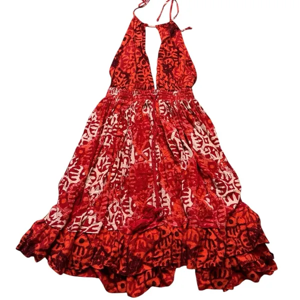 👗 Free People Red Beach‎ Day Mini Dress Small Halter Backless Boho Festival 👗 - Image 3