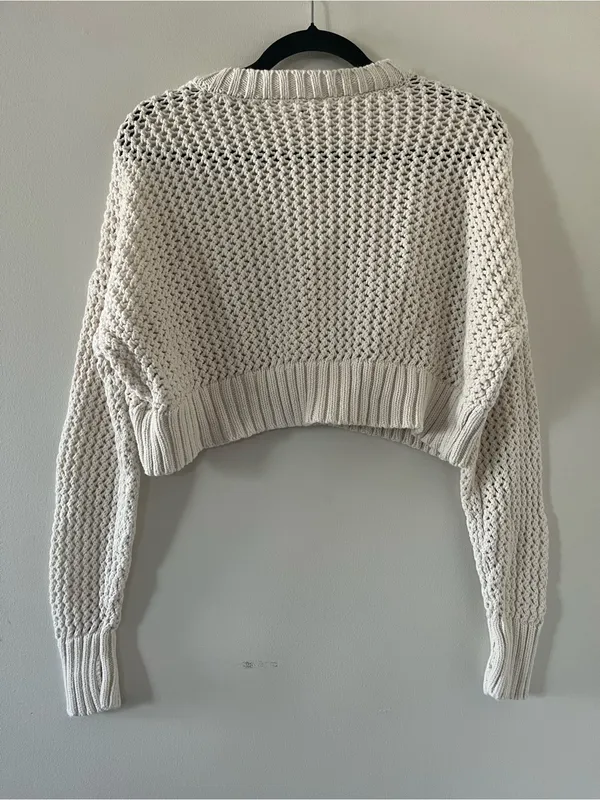 Offline by Aerie Cream Open Knit Cropped V Neck Sweater Small Chunky Coastal - Image 6