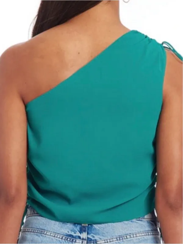 Amanda Uprichard ANIA Teal One-Shoulder Ruched Tie Top - Large - Image 3
