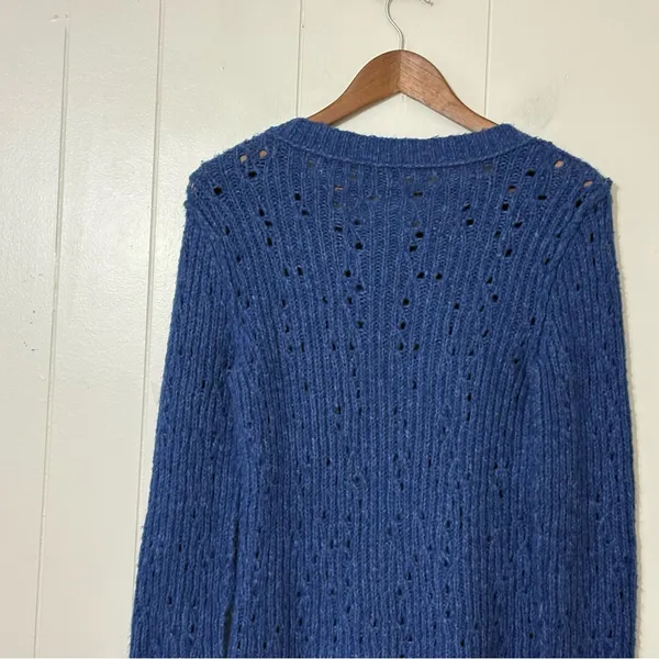 Free People Blue Open Knit Crewneck Sweater S Boho Slouchy Pointelle Pullover - Image 9