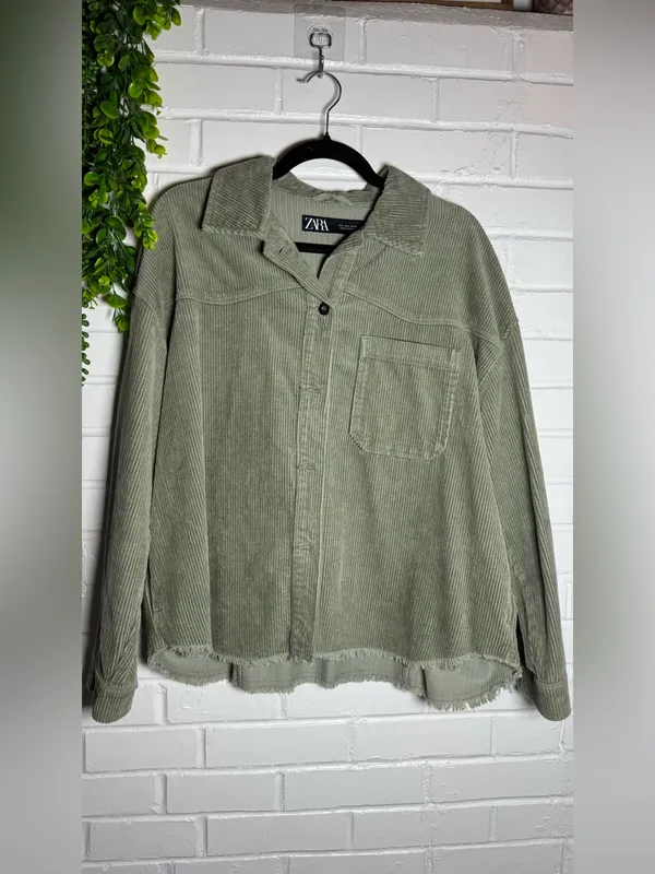 Zara Jacket Corduroy Overshirt Olive Green Women Size Large Oversized - Image 4