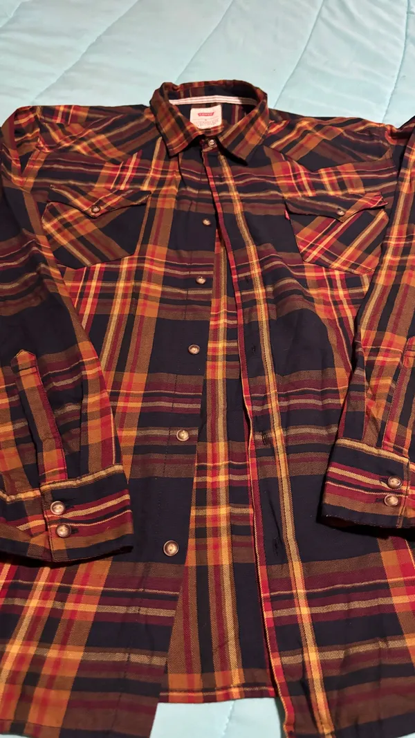 Levi's Men's Plaid Western button up Shirt Long Sleeve Red Orange Yellow XL - Image 2