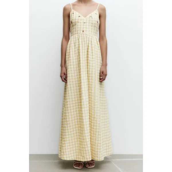NWT ZARA Gingham Dress Yellow White XXLarge Beaded Open Back - Image 6