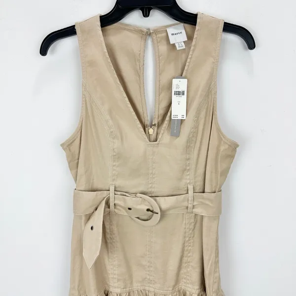 Maeve By Anthropologie V Neck Belted Drop Waist Mini Dress Tan US 6 NWT - Image 5