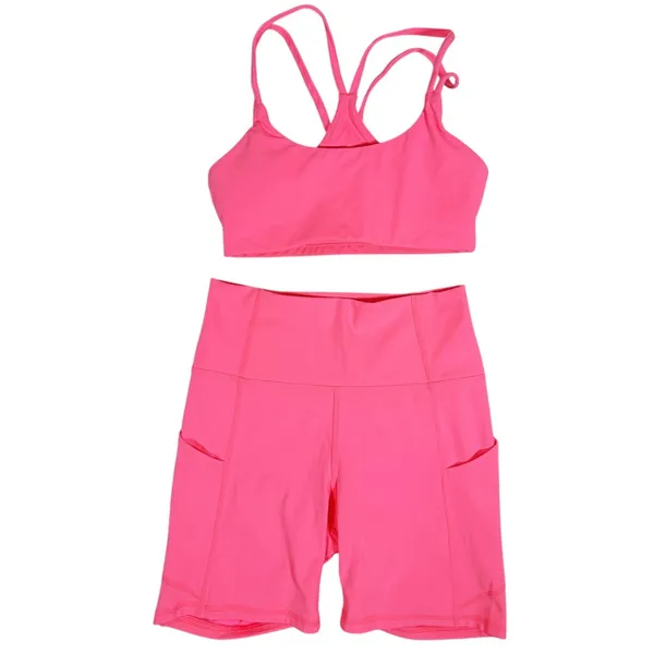 Fabletics 2 pc Workout SET Sports Bra & Biker Shorts XS Hot Pink Gym Athletic - Image 2