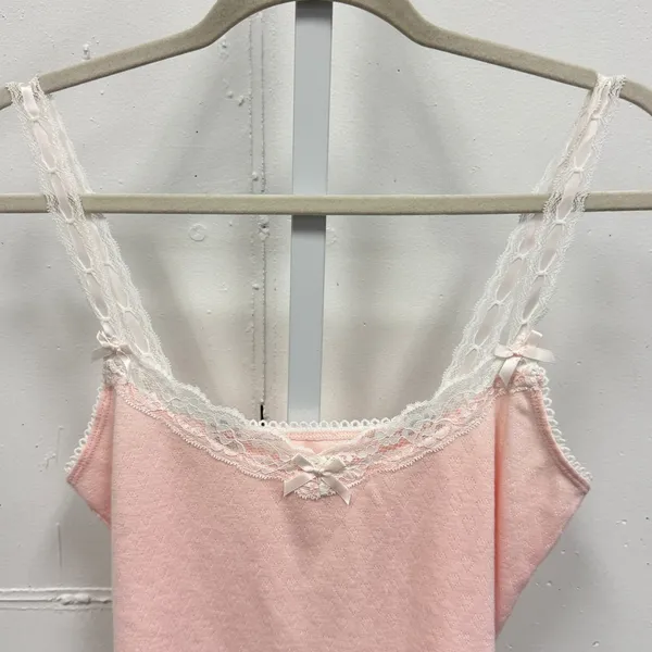 Edikted Pink Pointelle Lace Trim Cami Top Coquette Bow Detail Cropped Tank Small - Image 3