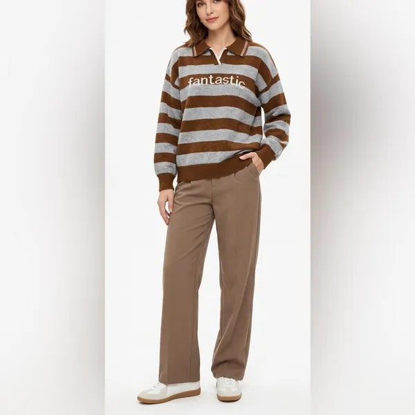 Fantastic Striped V-Neck Polo Sweater in Brown and Gray - Image 2