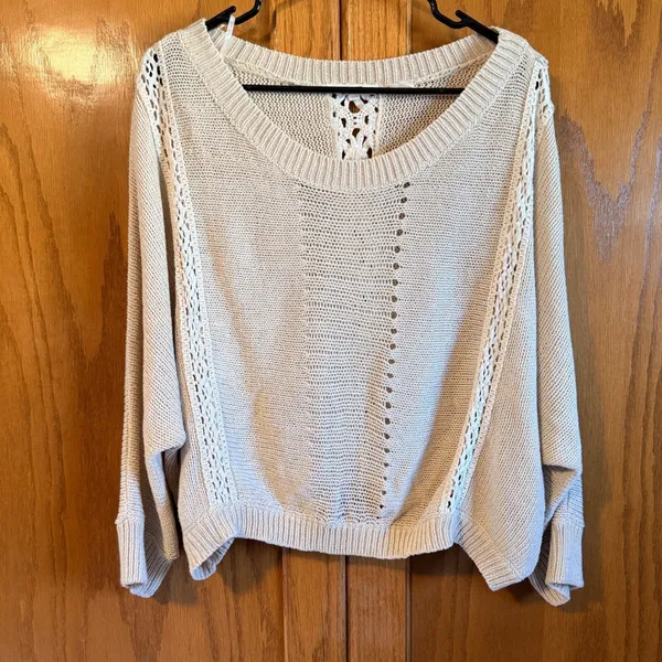Miss Me Crochet Lace Sweater Large Beige White Boho Knit Pullover Great fall top - Image 3