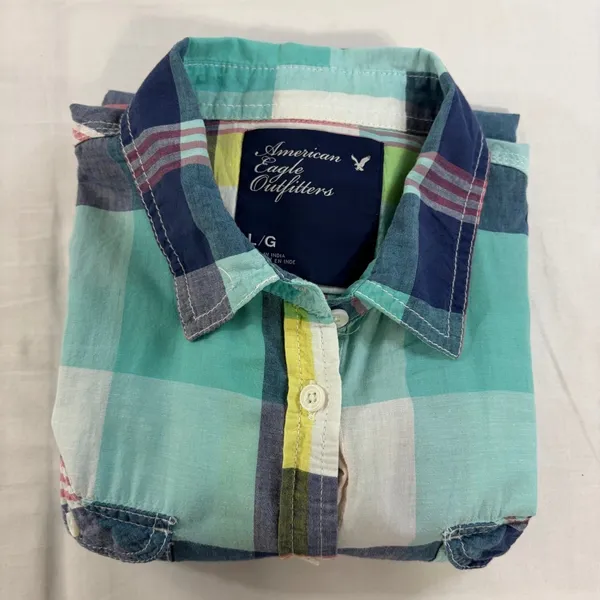 American‎ Eagle Outfitters Teal Plaid Button Down Shirt Womens Large L/G Cotton - Image 9