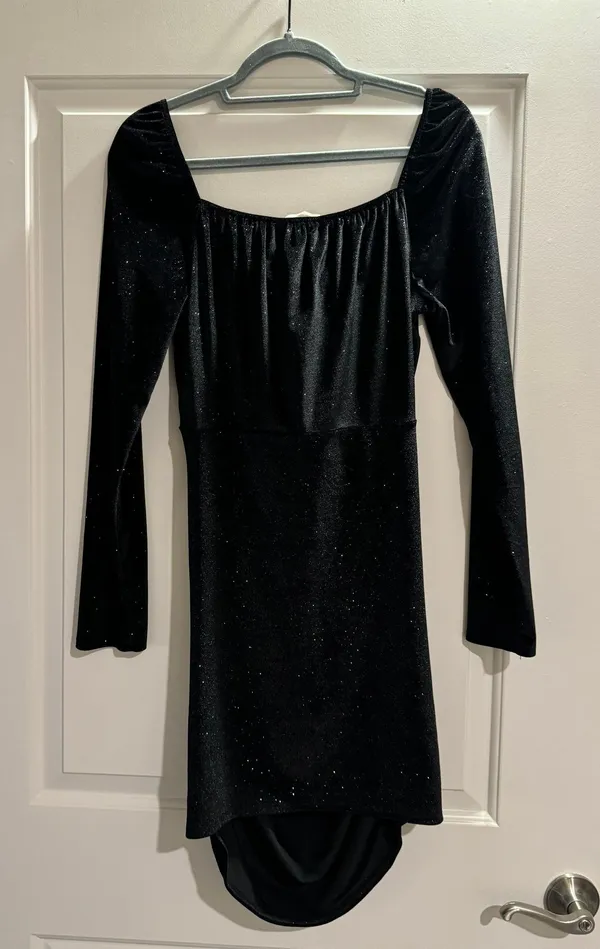 Black Sparkly Velvet Mini Dress With Sleeves - Image 2