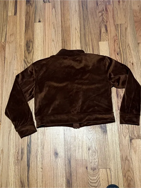 Brown Velour Cropped Track Jacket Zip Up Sweatshirt - Image 3