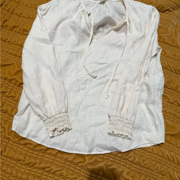 Cloth & stone anthropology tie neck peasant blouse 100% linen cream size small - Image 3