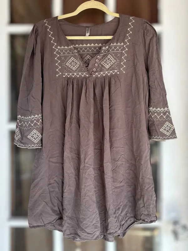 Monoreno Women's Large Brown Southwestern Embroidered Peasant Boho Tunic Top - Image 14