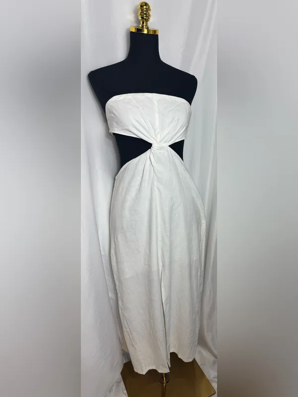 Strapless White Twist-Front party fit wedding Cutout Midi Dress vacation Large - Image 2