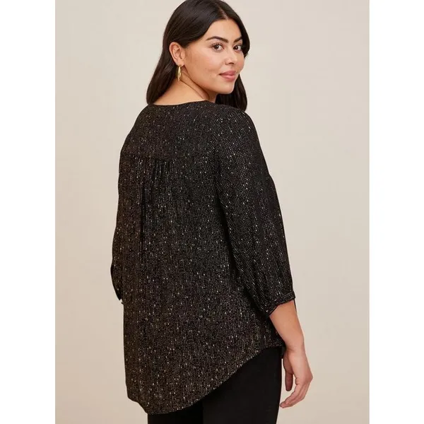 Torrid Womens Blouse Sz 2 2X 18 20 Black Gold Crepe Chain Detail 3/4‎ Sleeve - Image 3