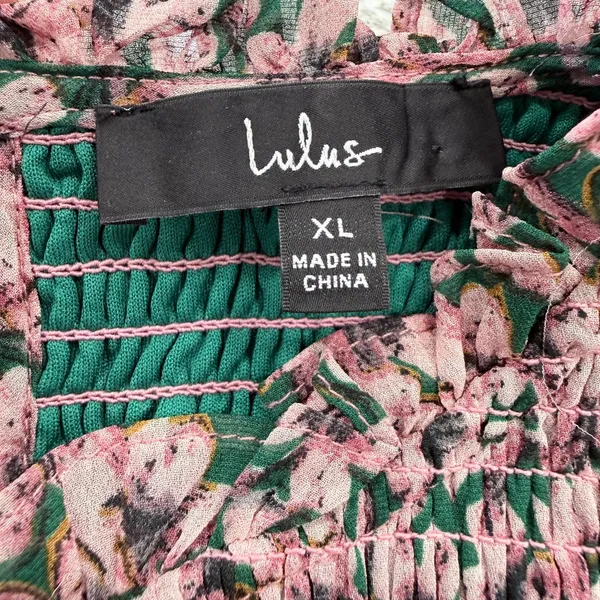 Lulus Floral Forever Green and Pink Floral Print Smocked Skater Dress Ruffles XL - Image 4