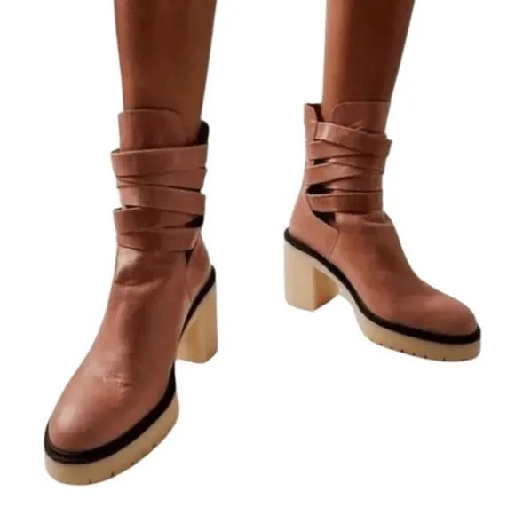 Free People US 9 EU 39 Jesse Cutout Strappy Platform Boots Brown Tan Heeled Boho - Image 2