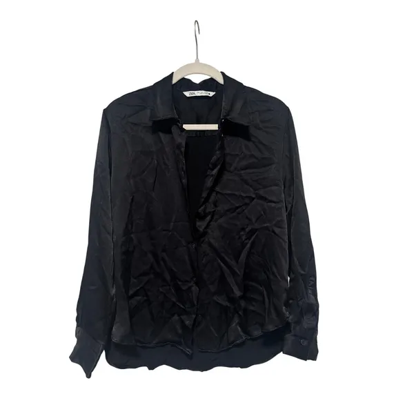 Zara Black Satin Button Down Shirt Size L - Image 2