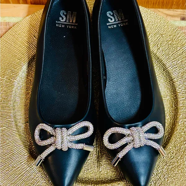 SM New York pointed toe silver bow black ballerina flats shoes - Image 2
