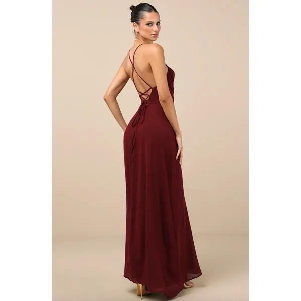 Lulus Event Ready Burgundy Backless Lace-Up Maxi Dress Chiffon Formal Small NWT - Image 4