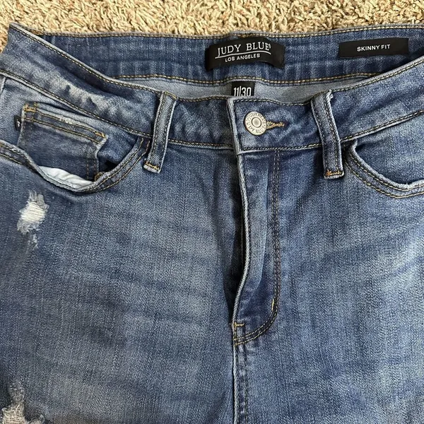 Judy Blue Jeans Womens 11/30 Skinny Fit Blue Distressed Red Plaid Underlay Jeans - Image 2