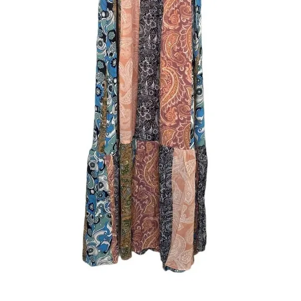 NWOT Sans Souci Off Shoulder Patch Print Maxi Dress Elastic Tie Waist M Tan Blue - Image 8