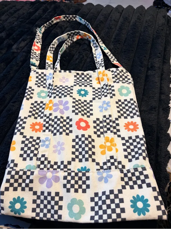 Checkerboard Floral Canvas Tote Bag in Multi-Color - Image 3