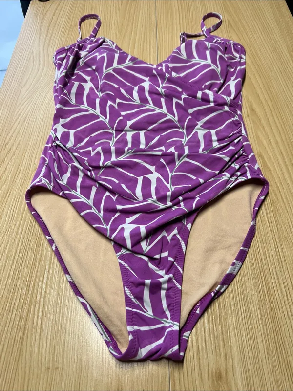 Garnet Hill Purple Tropical Leaf Ruched One Piece Swimsuit Size 6 - Image 2