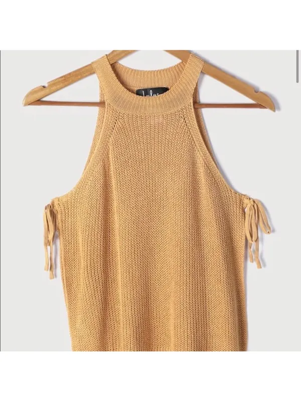 Lulus Sunny Style White Loose Knit Mock Neck Side Tie Tank Top Camel Size S - Image 5