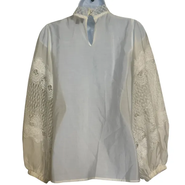 GRACIA Pure‎ White Lace Balloon Sleeve Mock Neck Victorian Blouse Top EUC Size M - Image 6