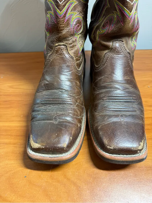 Ariat Womens Square Toe Dark Brown Cowgirl Boots Leather Western Purple Trim 8.5 - Image 4