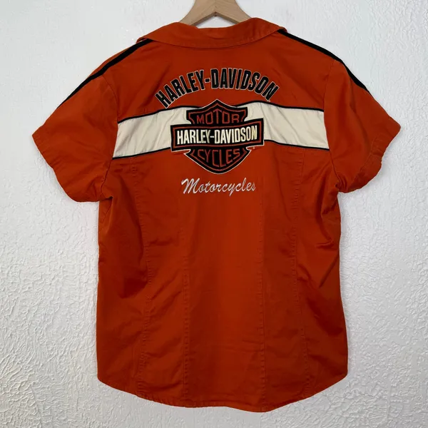 Harley Davidson Women's Orange Full Zip Embroidered Front Short Sleeve Shirt XL - Image 2