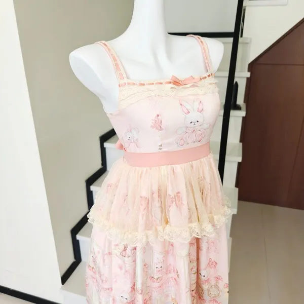 Pink Bunny Bear Print Lolita Strap Dress Lace - Image 2