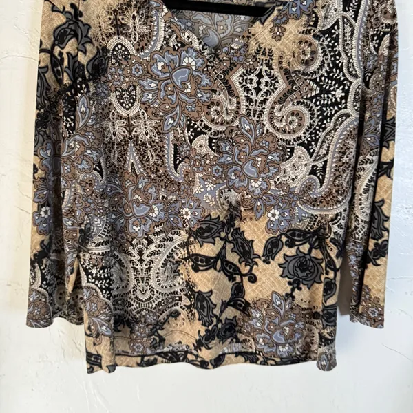 Y2k‎ Blue Brown Paisley Print 3/4 Sleeve Top Blouse Shirt M Western Boho Grunge - Image 3
