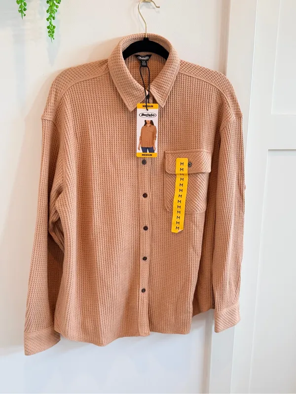 Buffalo Jeans Tan Waffle Knit Button-Down Shirt Jacket NWT Size Medium Womens - Image 2