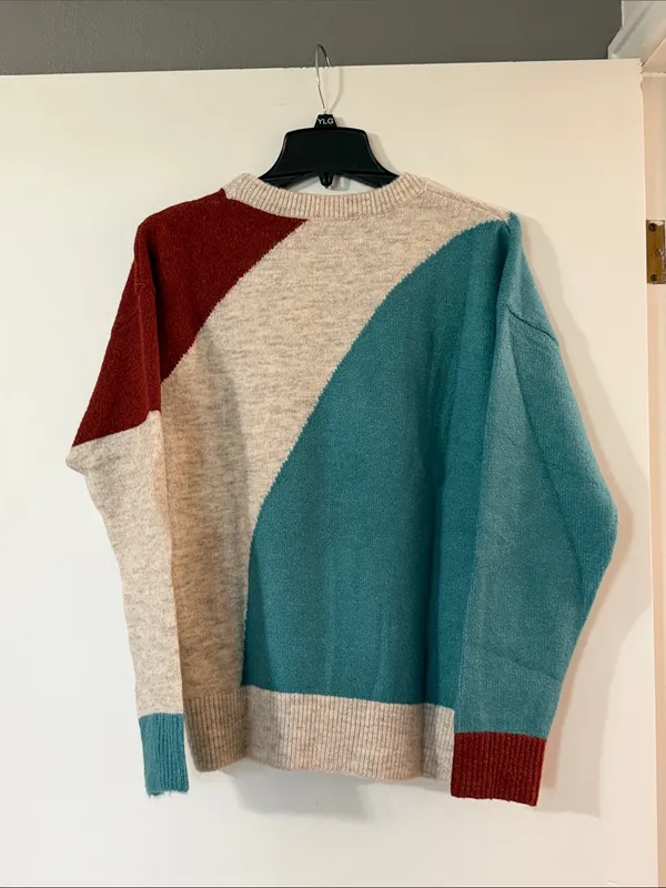 Women's Colorblock Crewneck Sweater in Teal, Cream & Rust - Image 4