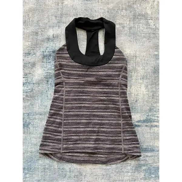 Lululemon Black Gray Purple Stripe Scoop Neck Tank Top Size 4 - Image 5