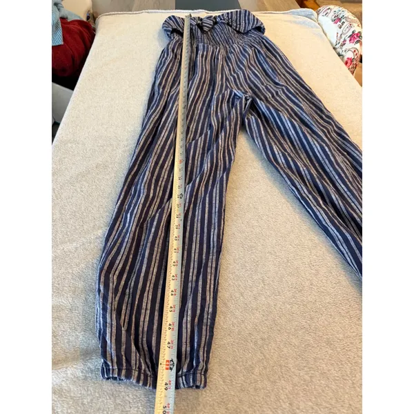 Aerie Strapless Striped Jumpsuit Women Medium Navy Blue Smocked Tie Front Jogger - Image 3