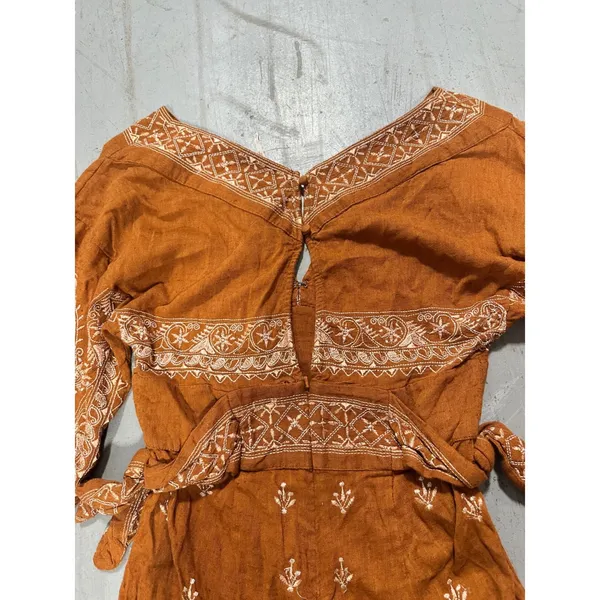 Free People Rust Orange Embroidered Long Sleeve Romper Boho V-Neck Small - Image 2