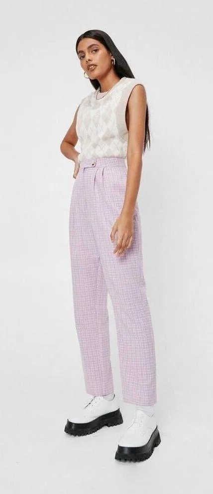 NWT Nasty Gal Sz 10 High Waisted Tapered Check Pants In Lilac - Image 2