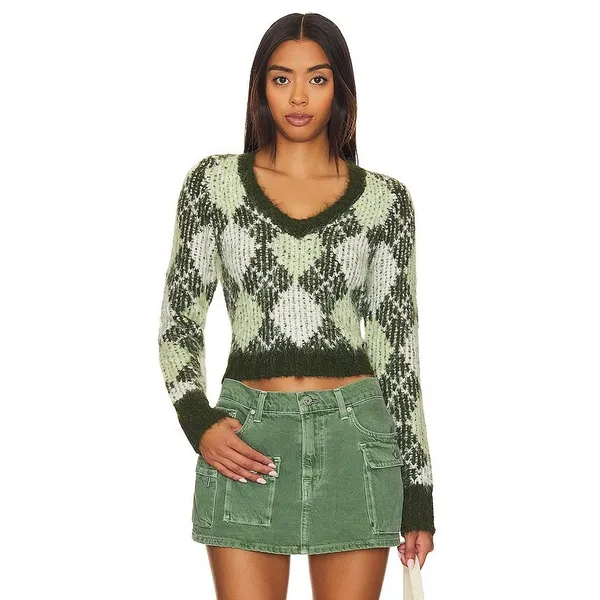Lovers and Friends Tanessa Argyle Sweater Womens XS Green Fuzzy Knit Preppy Wool - Image 9