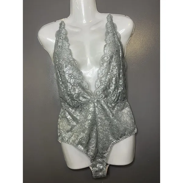 HAH Lace Bodysuit Womens Large Silver Plunge Teddy Sheer Floral Strappy Lingerie - Image 2