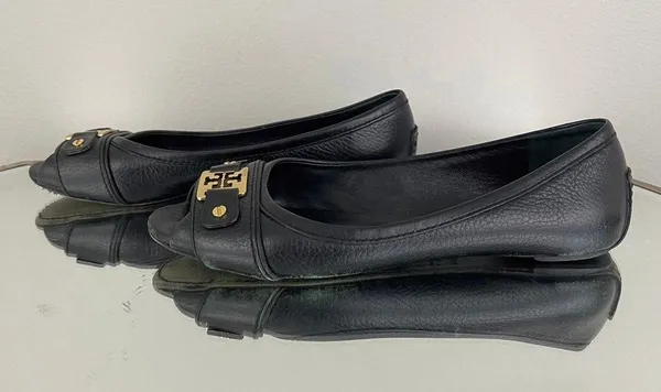 Black Leather Clines Peep-Toe Ballerina Flats - Image 8