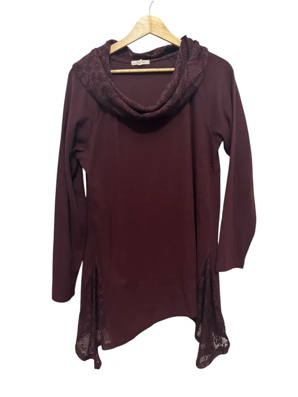 Maurices Lace-Trim Cowl Neck Tunic - Burgundy - Image 2